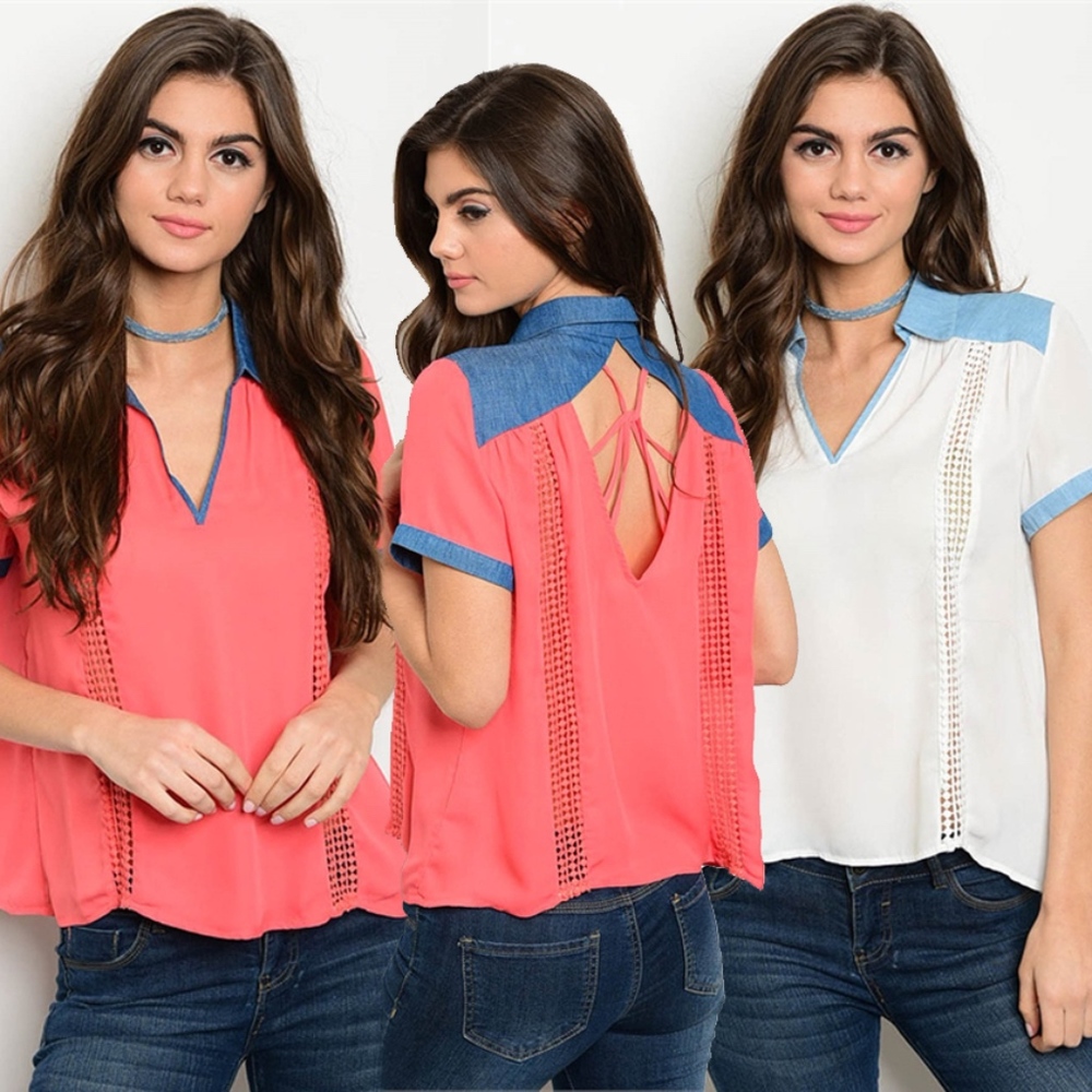 3-denim trim blouse with strappy exposed back